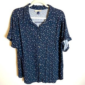 Universal Thread Top Womens XXL Navy Blue Ditsy Floral Button Front Short Sleeve